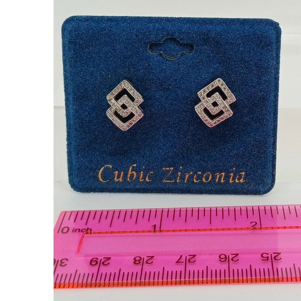 Vintage 1990s‎ Cubic Zirconia Interlocking Square Stud Earrings Silver Tone Rare